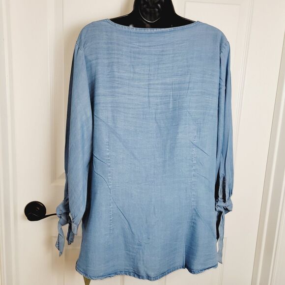 1511 Inc Top Woman XLarge Blue Chambray Fitted Tie Sleeve V-Neck Casual Boho Y2K - Picture 5 of 14